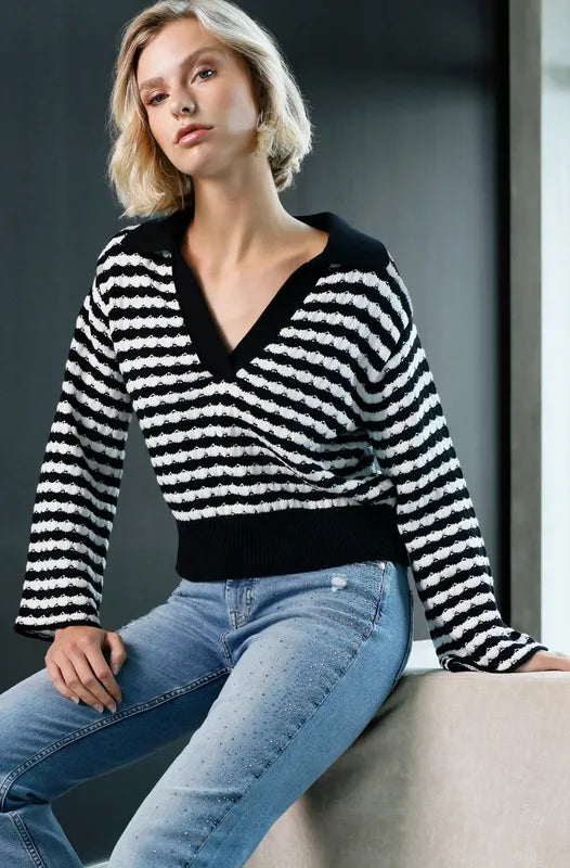 Monari Stripe Knit Polo Sweater - Black/White