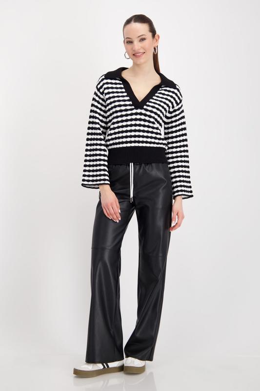 Monari Stripe Knit Polo Sweater - Black/White