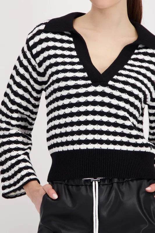 Monari Stripe Knit Polo Sweater - Black/White