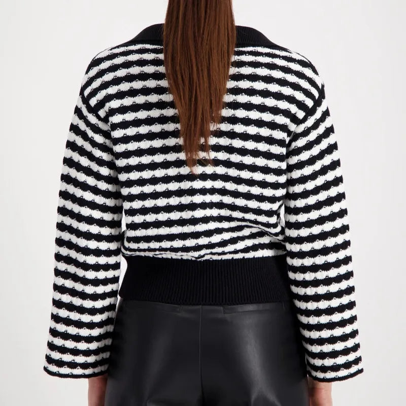 Monari Stripe Knit Polo Sweater - Black/White