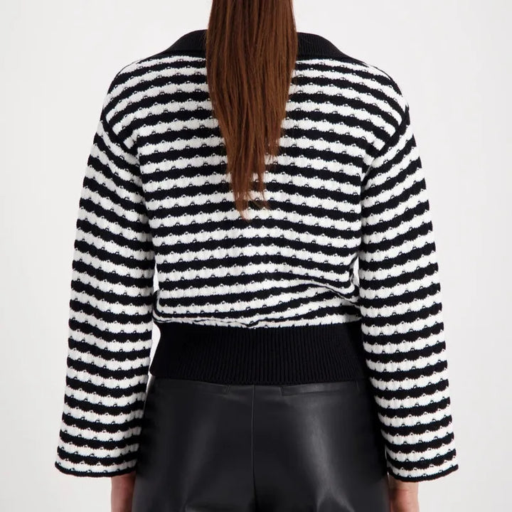 Monari Stripe Knit Polo Sweater - Black/White