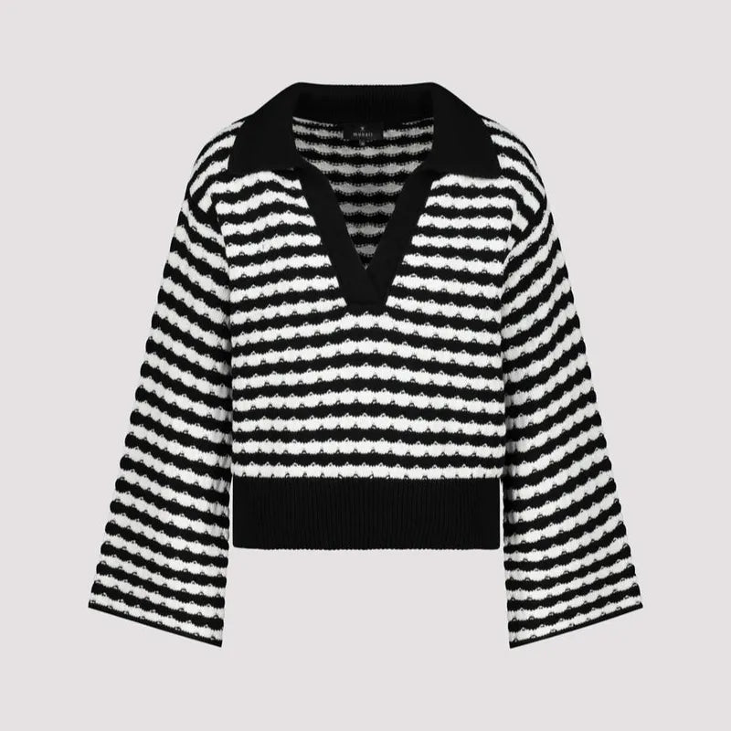 Monari Stripe Knit Polo Sweater - Black/White