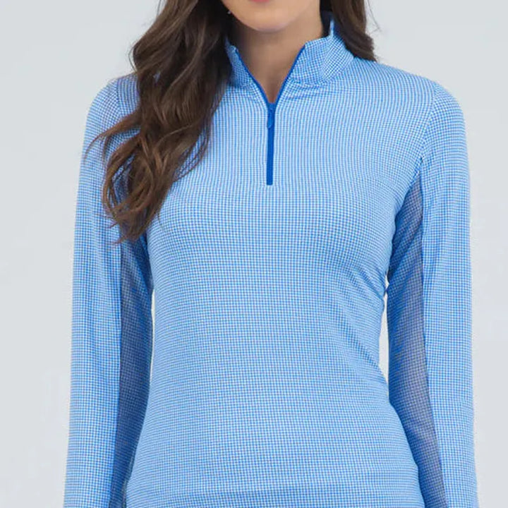 IBKUL Mini Check L/S Mock - Blue/White
