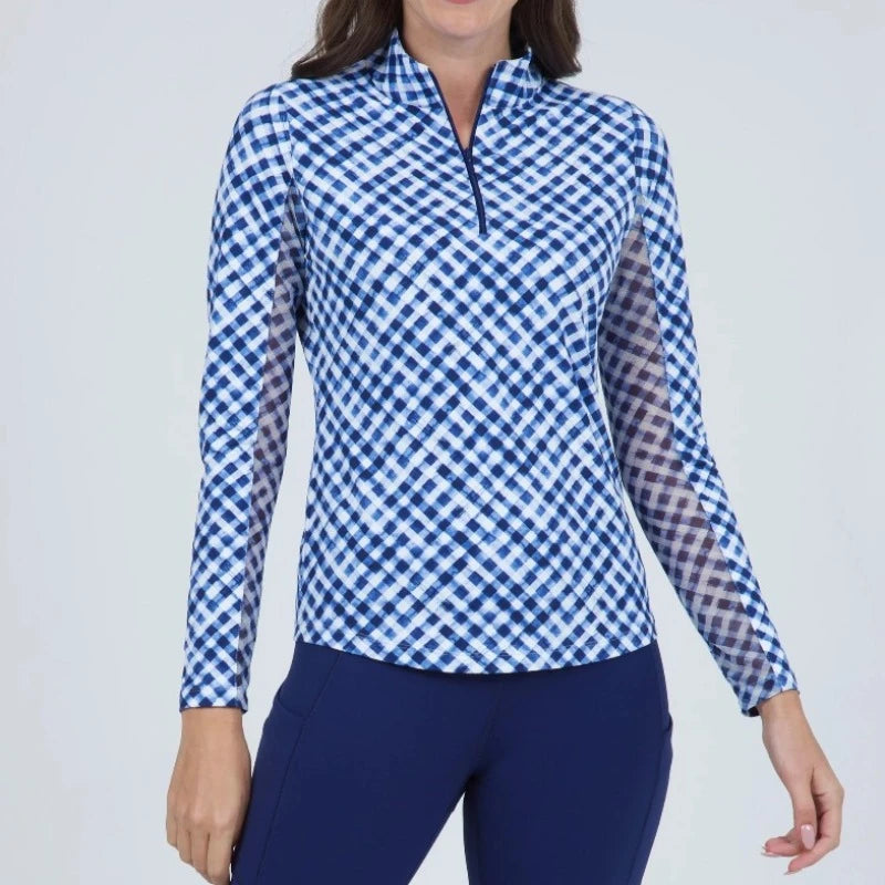 IBKUL Gingham L/S Mock - Blue/White