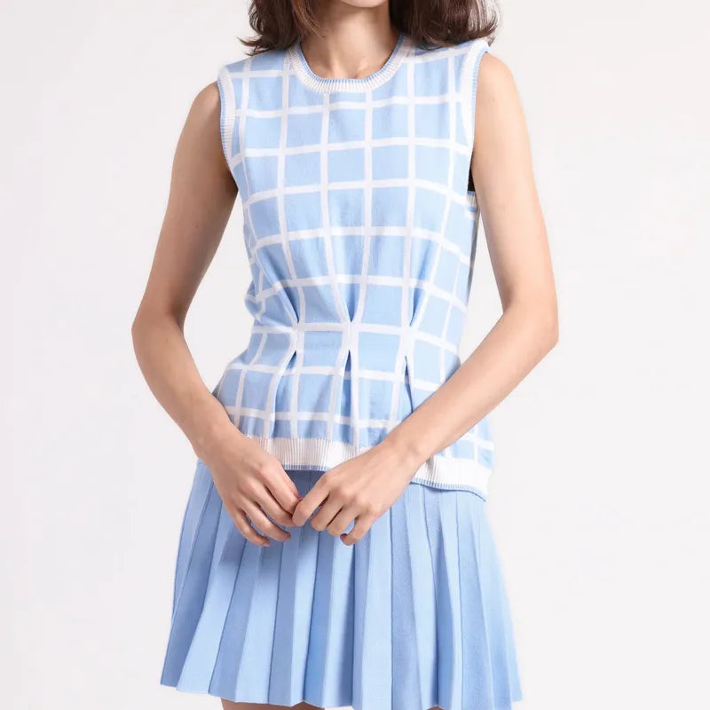 Minnie Rose Check S/L Top - White/Celestial Blue