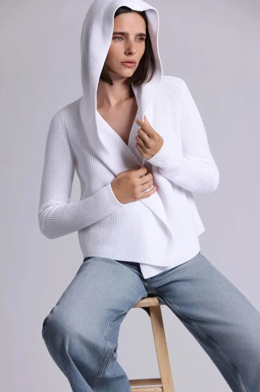 Minnie Rose Cotton Shaker Hooded Cardigan - White