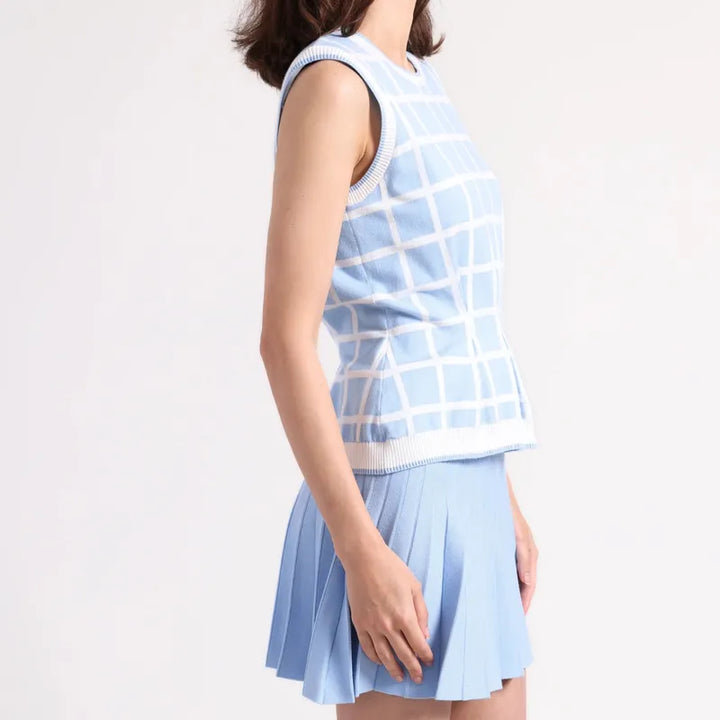 Minnie Rose Check S/L Top - White/Celestial Blue