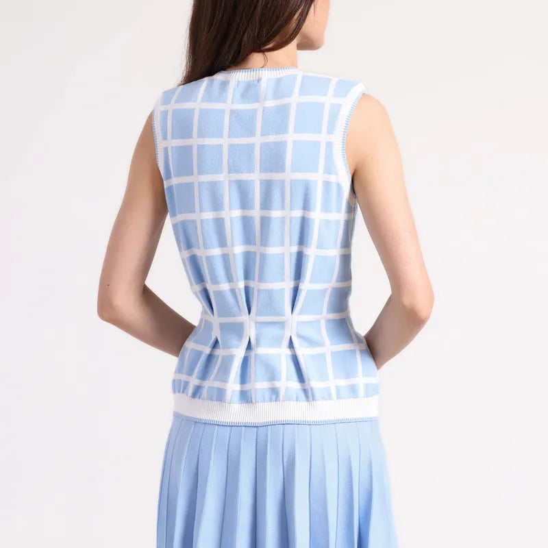 Minnie Rose Check S/L Top - White/Celestial Blue
