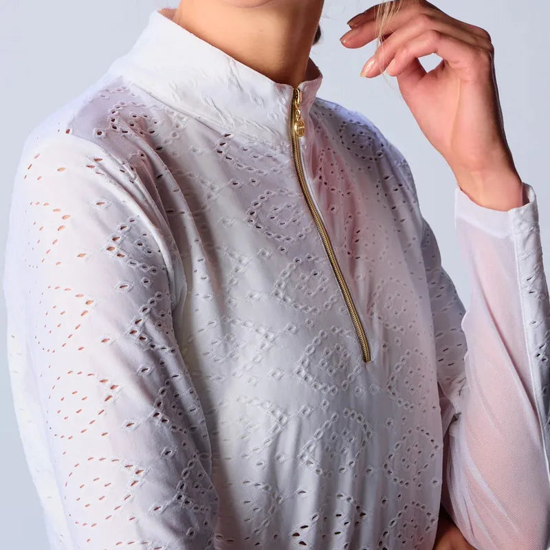 G Lifestyle L/S Eyelet Zip Mock Neck Top - White
