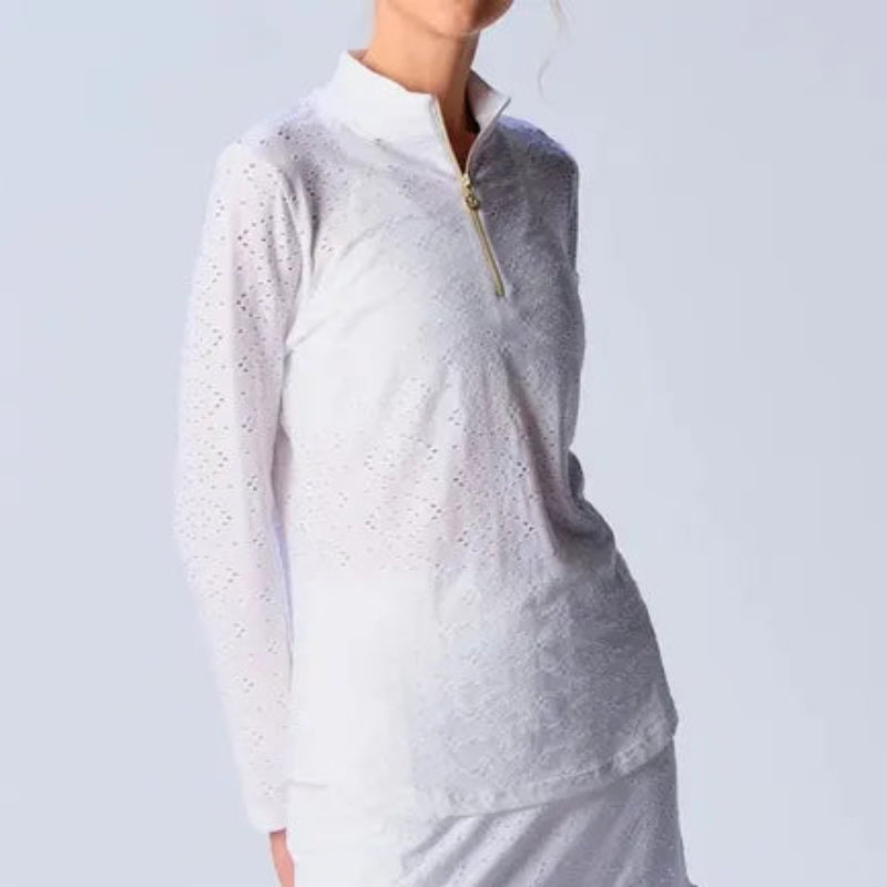 G Lifestyle L/S Eyelet Zip Mock Neck Top - White