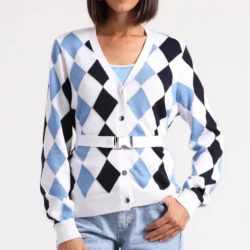 Minnie Rose Belted Argyle Cardigan - Navy/Blue/White