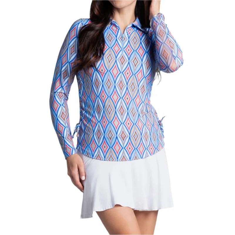 IBKUL Romina L/S Adjustable Zip Polo Top - Blue/Multi