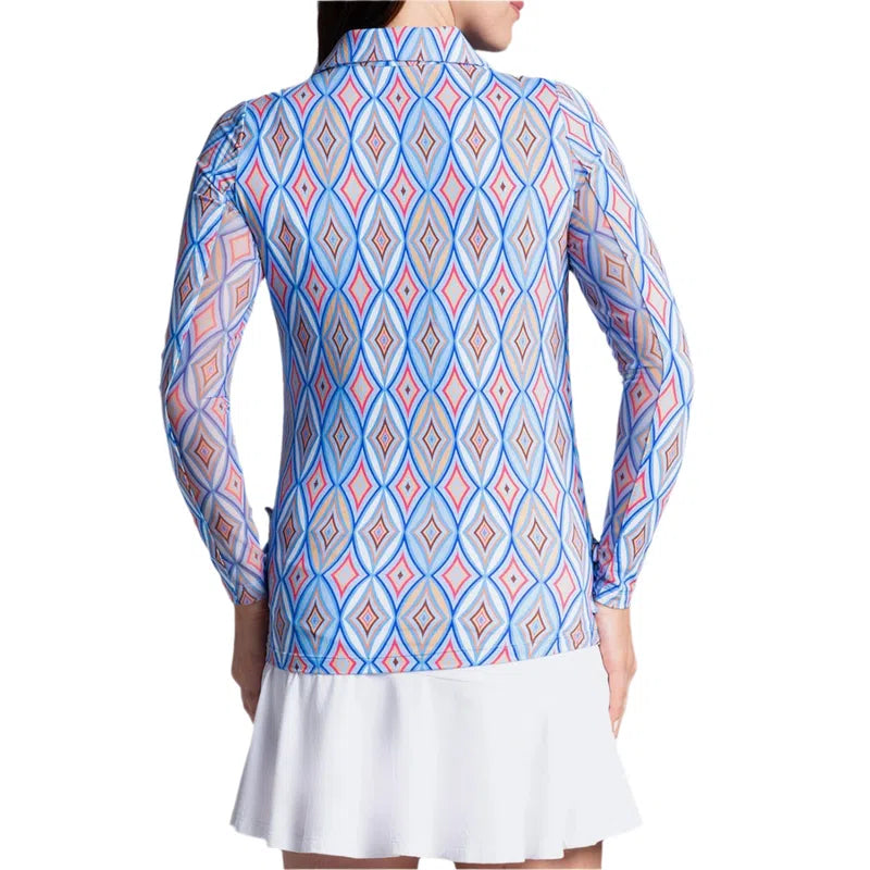 IBKUL Romina L/S Adjustable Zip Polo Top - Blue/Multi