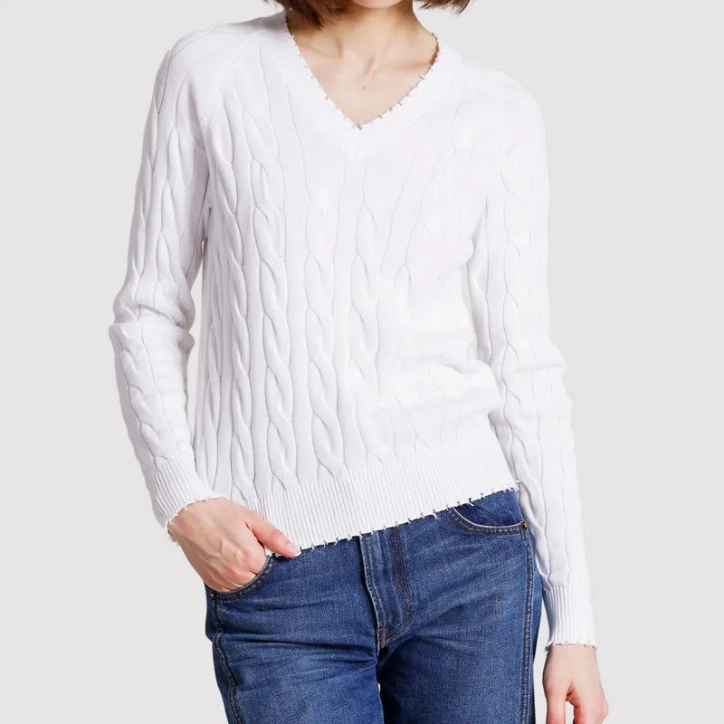 Minnie Rose Frayed Cable Sweater - White