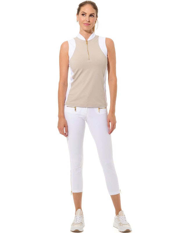 MDC S/L Zip Mock Neck Top - Taupe/White