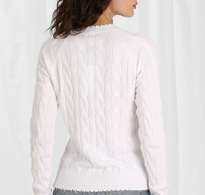 Minnie Rose Frayed Cable Sweater - White