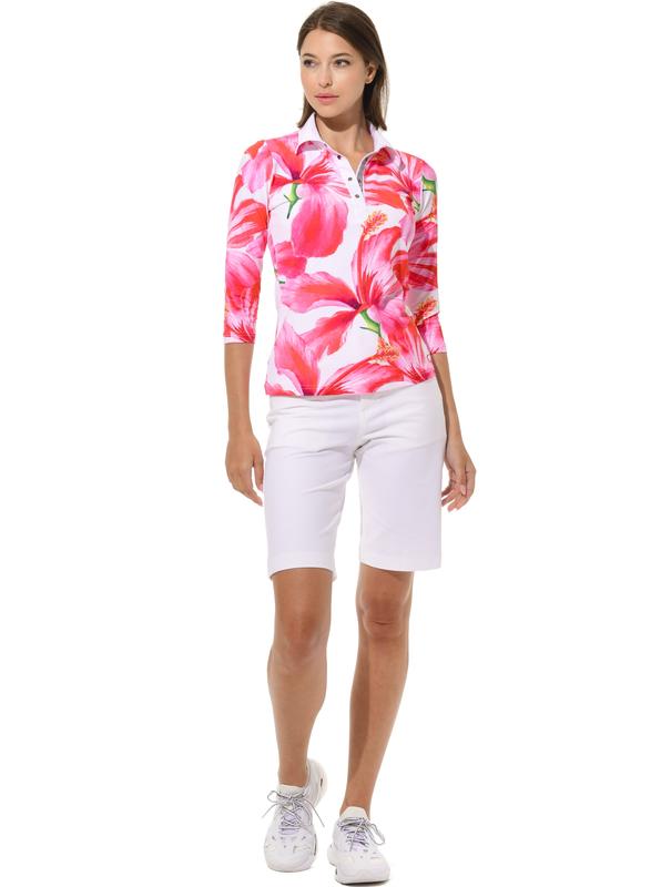 MDC 3/4 Sleeve HIbiscus Print Polo Shirt - Pink Floral