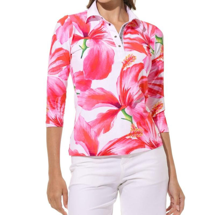 MDC 3/4 Sleeve HIbiscus Print Polo Shirt - Pink Floral