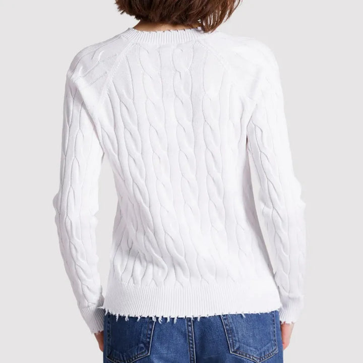 Minnie Rose Frayed Cable Sweater - White