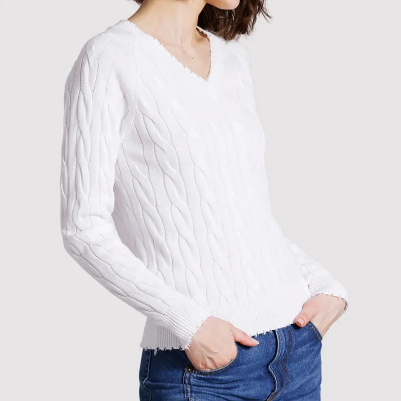 Minnie Rose Frayed Cable Sweater - White