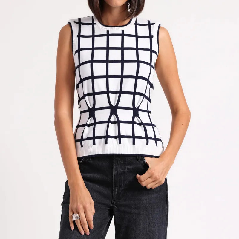 Minnie Rose Check S/L Top - White/Navy