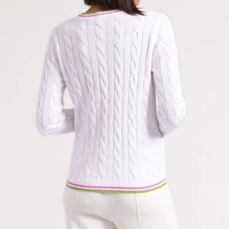 Minnie Rose Sporty Crew Neck Sweater - White/Raspberry/Lime