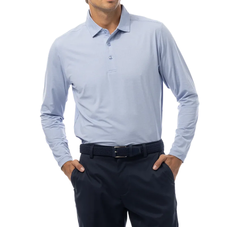 SanSoleil Men's Melange Stripe L/S Polo - Blue/White