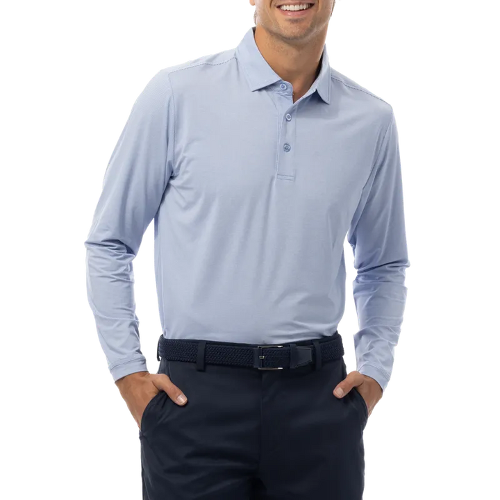 SanSoleil Men's Melange Stripe L/S Polo - Blue/White