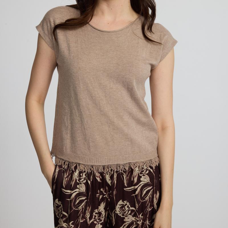 Pistache Fringe Knit Top - Biscuit