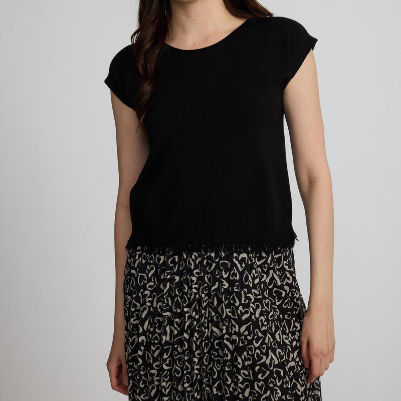 Pistache Fringe Knit Top - Black