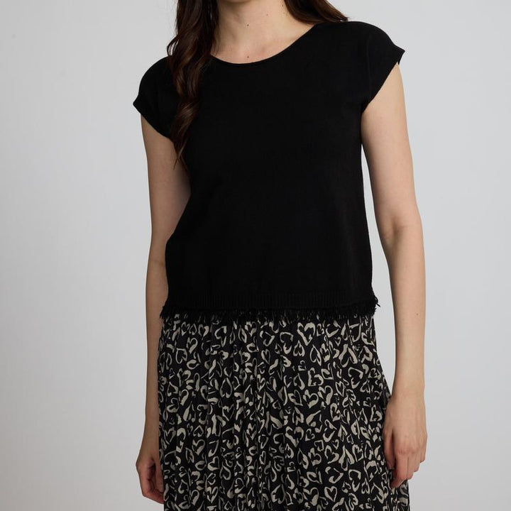 Pistache Fringe Knit Top - Black