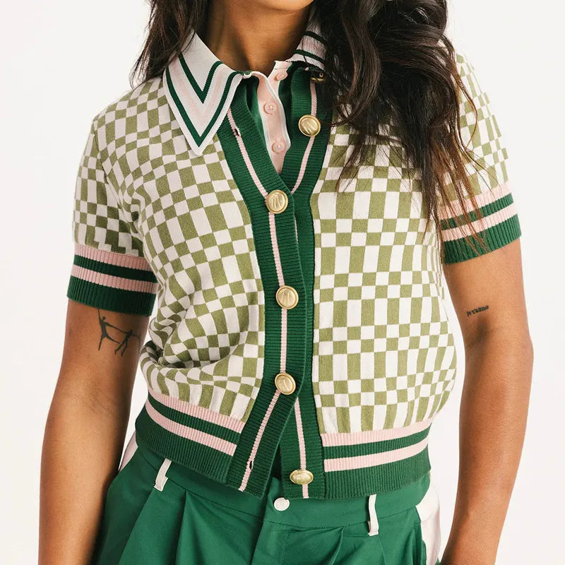 Fore All Confidence Cardigan - Putting Green/White Check