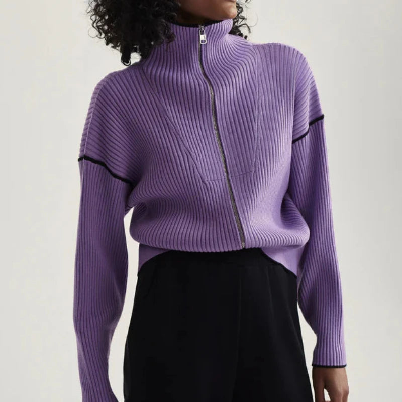 Varley Carmen Rib Knit Zip Sweater- Mauve Smoke