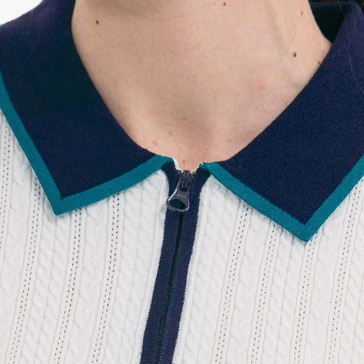 Foray Golf S/S Cable Knit Polo - White/Navy/Green