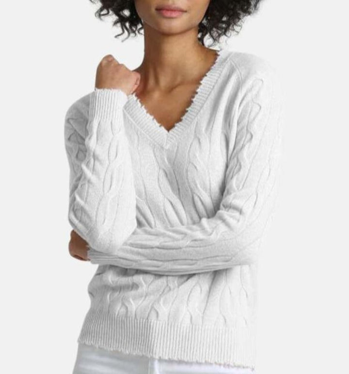 Minnie Rose Frayed Cable Sweater - White