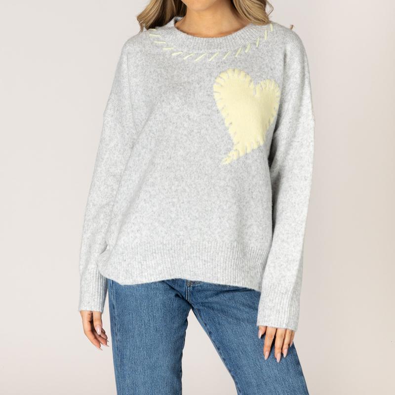Lyla & Luxe Heart Sweater - Ash/Lemonade