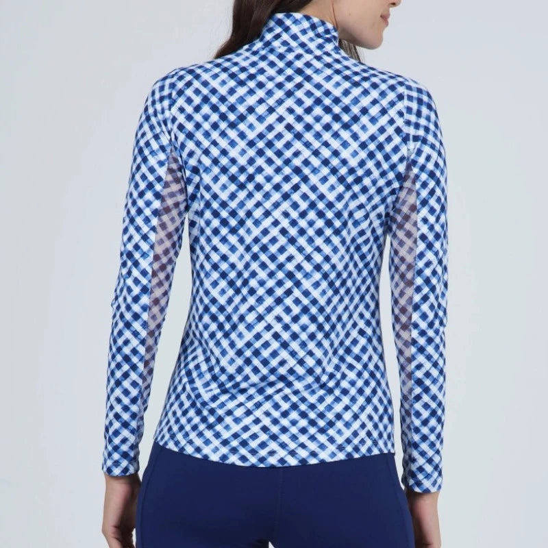 IBKUL Gingham L/S Mock - Blue/White