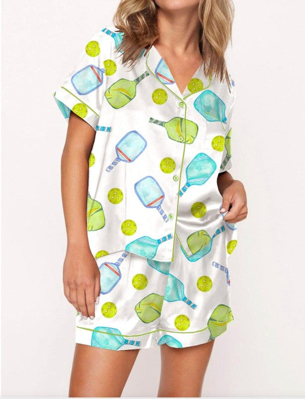 SheShow Pickleball Pajamas, Short - White/Green/Blue