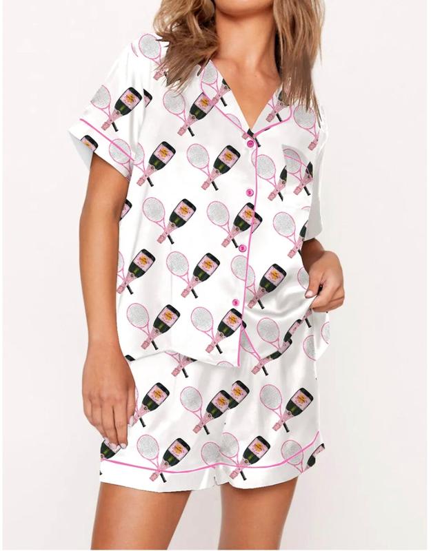 Tennis Racquet & Champagne Pajamas, Short - White/Pink