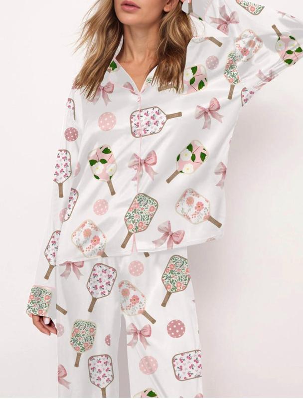Pickleball Coquette Pajamas, Long - White/Multi