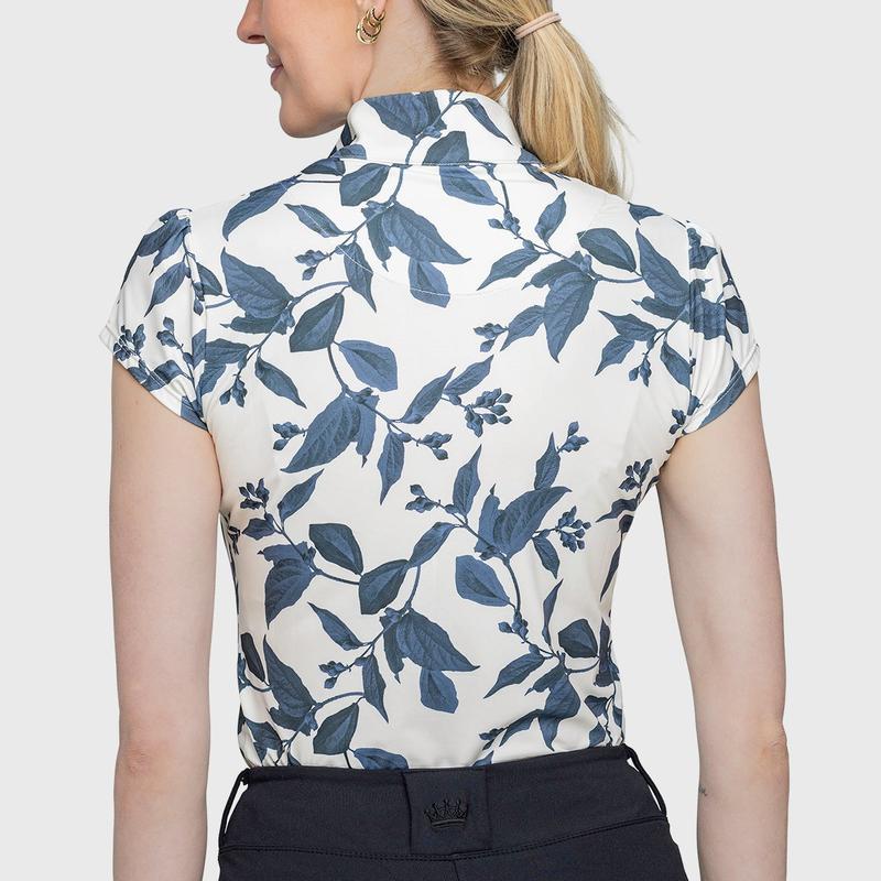 Kastel Lithograph Cap Sleeve Top - Indigo Leaf Print