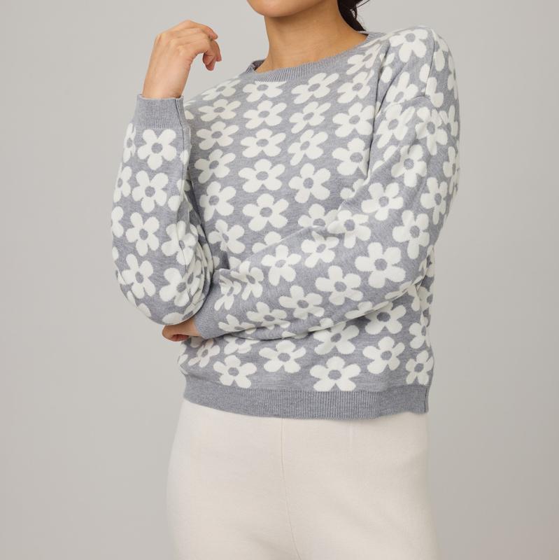 Pistache Daisies Knit Sweater - Grey/Ivory