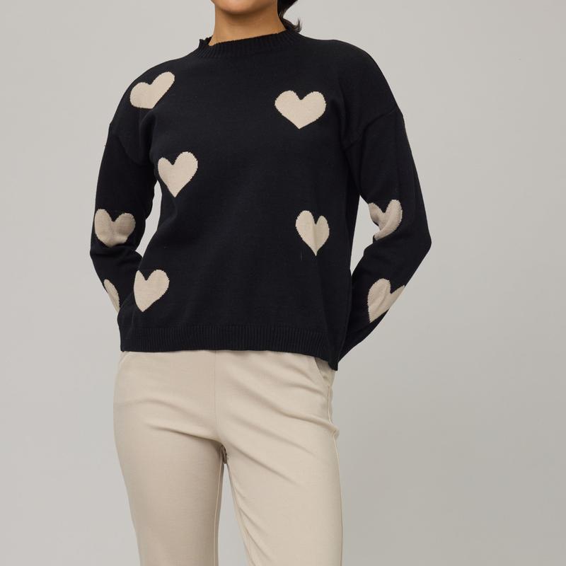 Pistache Heart Knit Sweater - Black/Beige