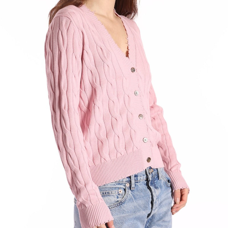 Minnie Rose Frayed Cable Cardigan - Pink Pearl