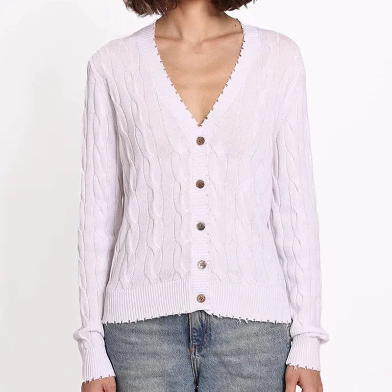 Minnie Rose Frayed Cable Cardigan - White