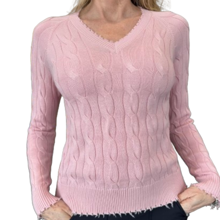 Minnie Rose Frayed Cable Sweater - Pink Pearl