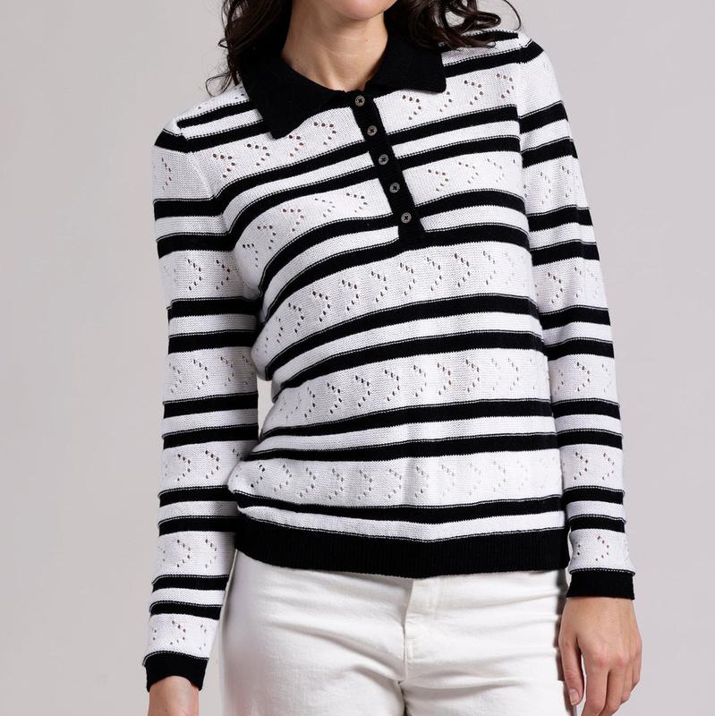 Minnie Rose Stripe Pointelle Sweater - Black/White