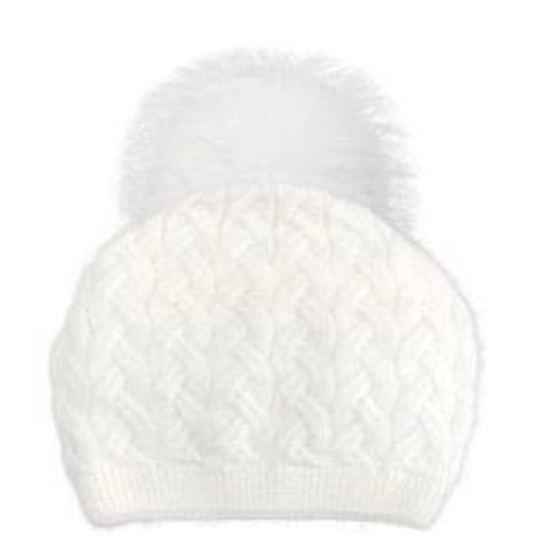 PNYC Emma Cable Beanie (Real Fur) - Winter White