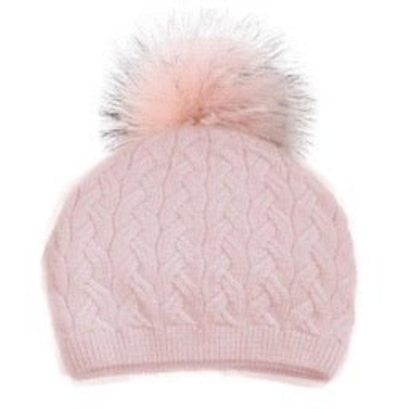 PNYC Emma Cable Beanie (Real Fur) - Pink