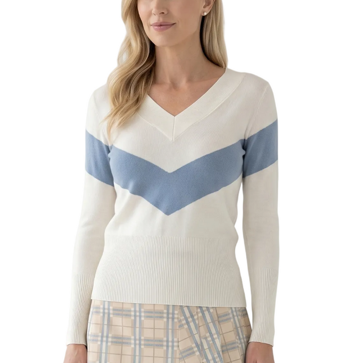 PAR69 Belle V-Neck Sweater - White/Denim Blue